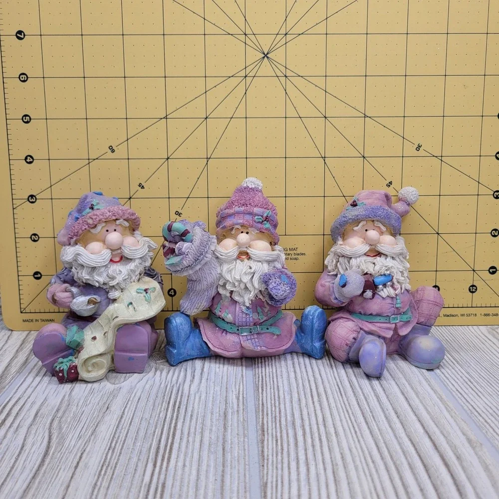 Home Interiors Sugar Plum Santa Set 3 Purple Pink Resin Figurines 55063 2002 Vtg